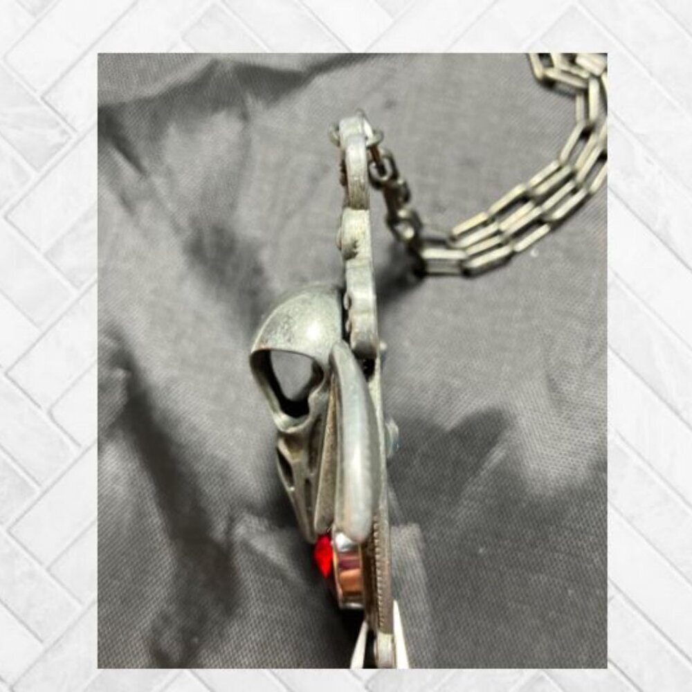 "Evil Bat" Bird Skeleton Head and Ruby-Colored Austrian Crystal Pendant - Picture 7 of 11